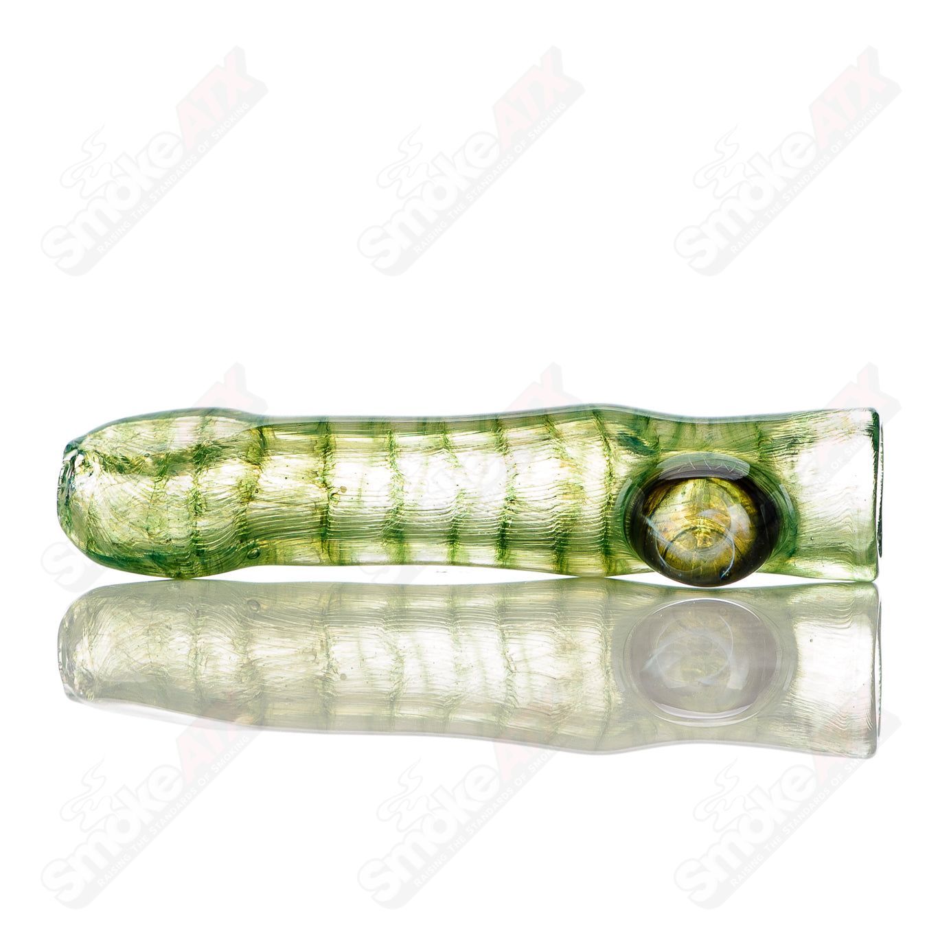 Signed JMK Glass #2 I/O Worked Chillum, clear glass smoking pipe with intricate worked details and logo signature.