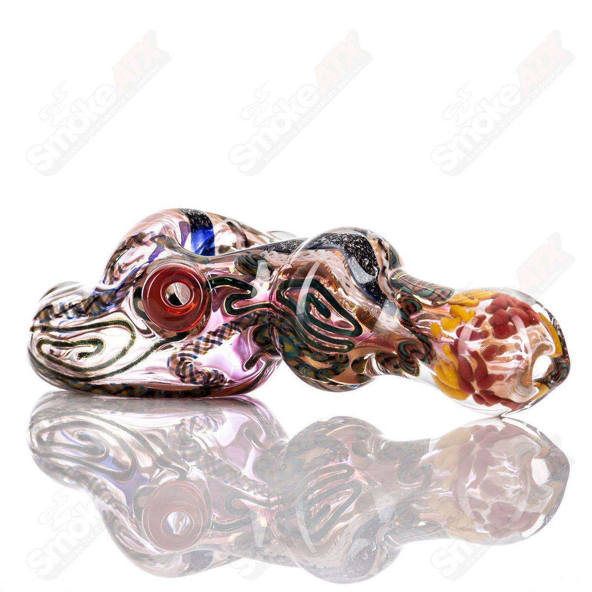 Molten Imagination ISO Montage Chaos Club glass hand pipe with vibrant, abstract design and intricate details.