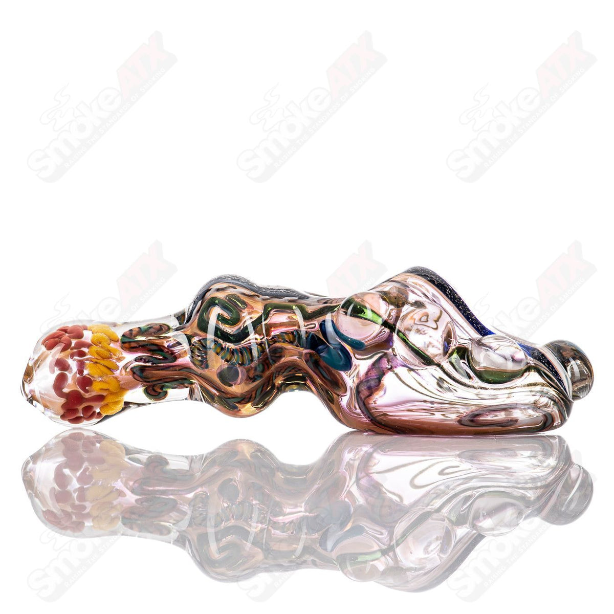 Molten Imagination ISO Montage Chaos Club glass hand pipe with colorful, abstract design and intricate detailing.