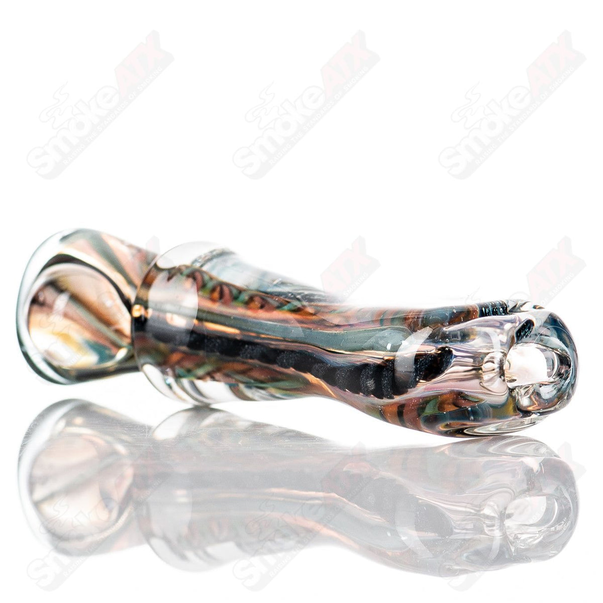 Glass hand pipe titled "Lg ISO Bat Chillum" by Molten Imagination, featuring a clear design with smooth curves.