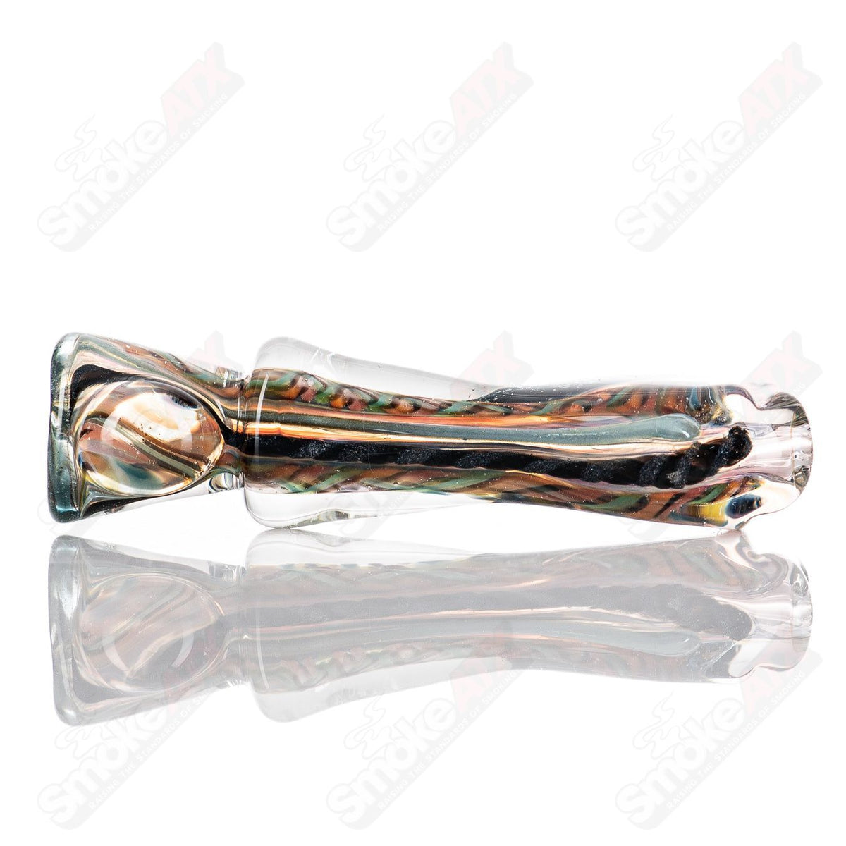 Clear glass Molten Imagination ISO Bat Chillum hand pipe with a compact, cylindrical design perfect for easy use.