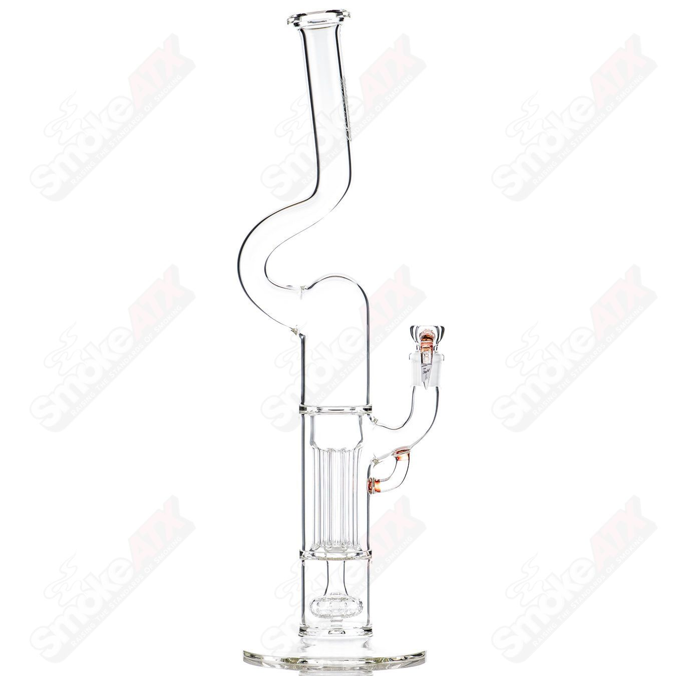 Heady glass straight tube bong with two pillars, solid foot base, natural neck design, and partial accent details by Sovereignty Glass.