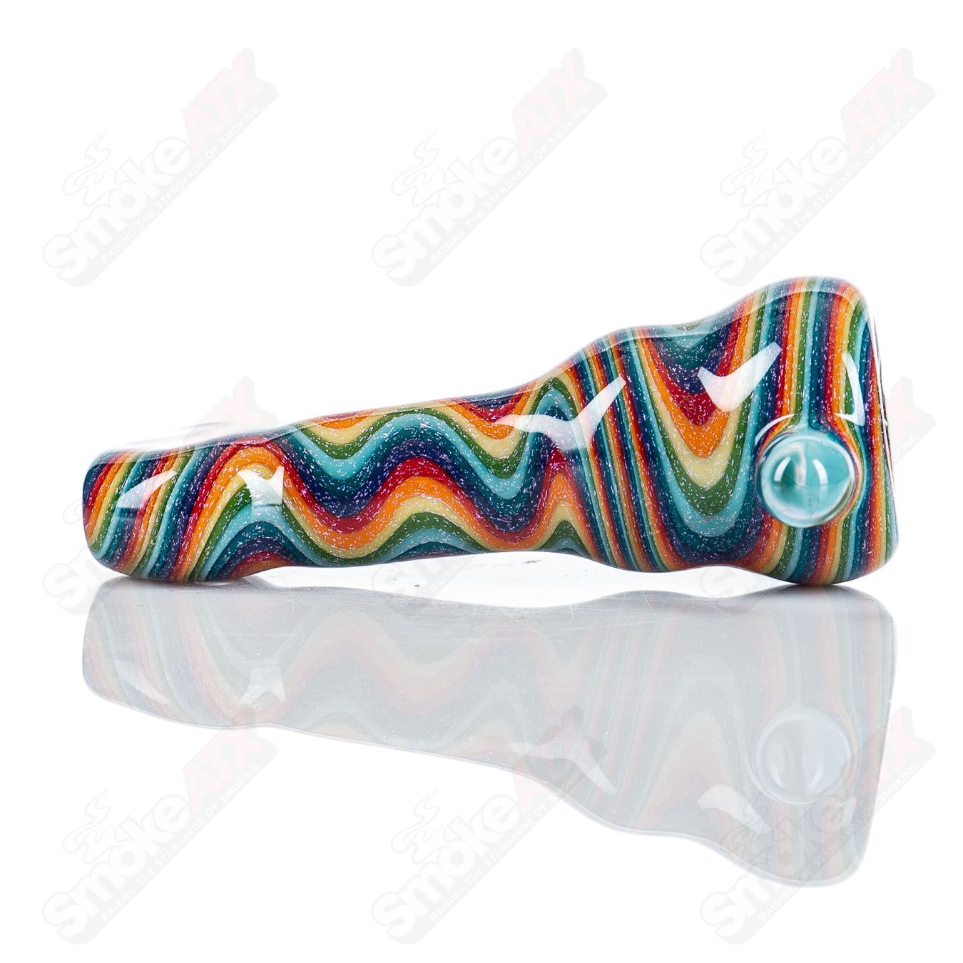 Colorful rainbow dichro line work glass chillum with push bowl by Shane Smith, showcasing intricate handcrafted design.