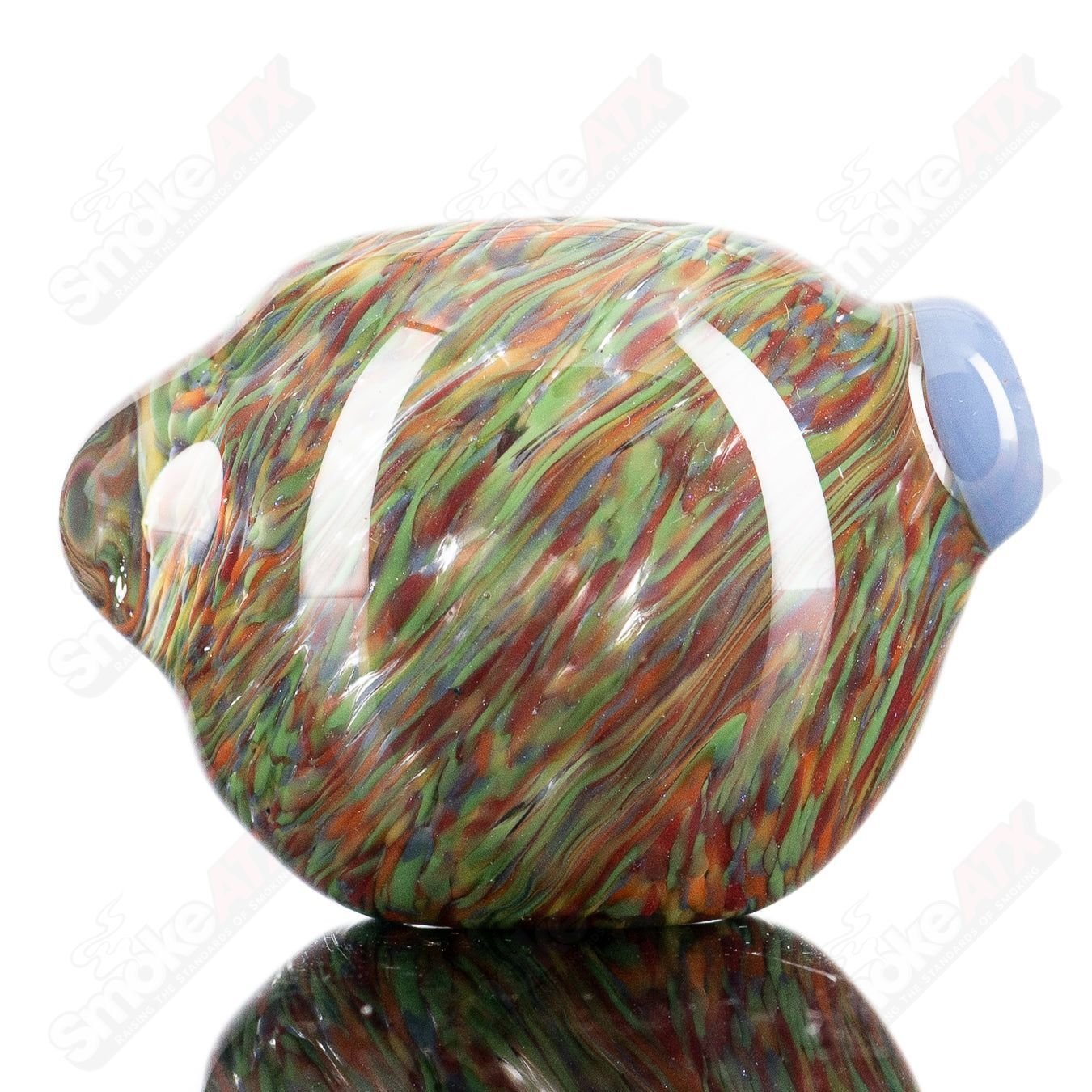 JMK Glass Rainbow Grit Reversal Spoon, colorful glass hand pipe with rainbow accents and intricate design details.