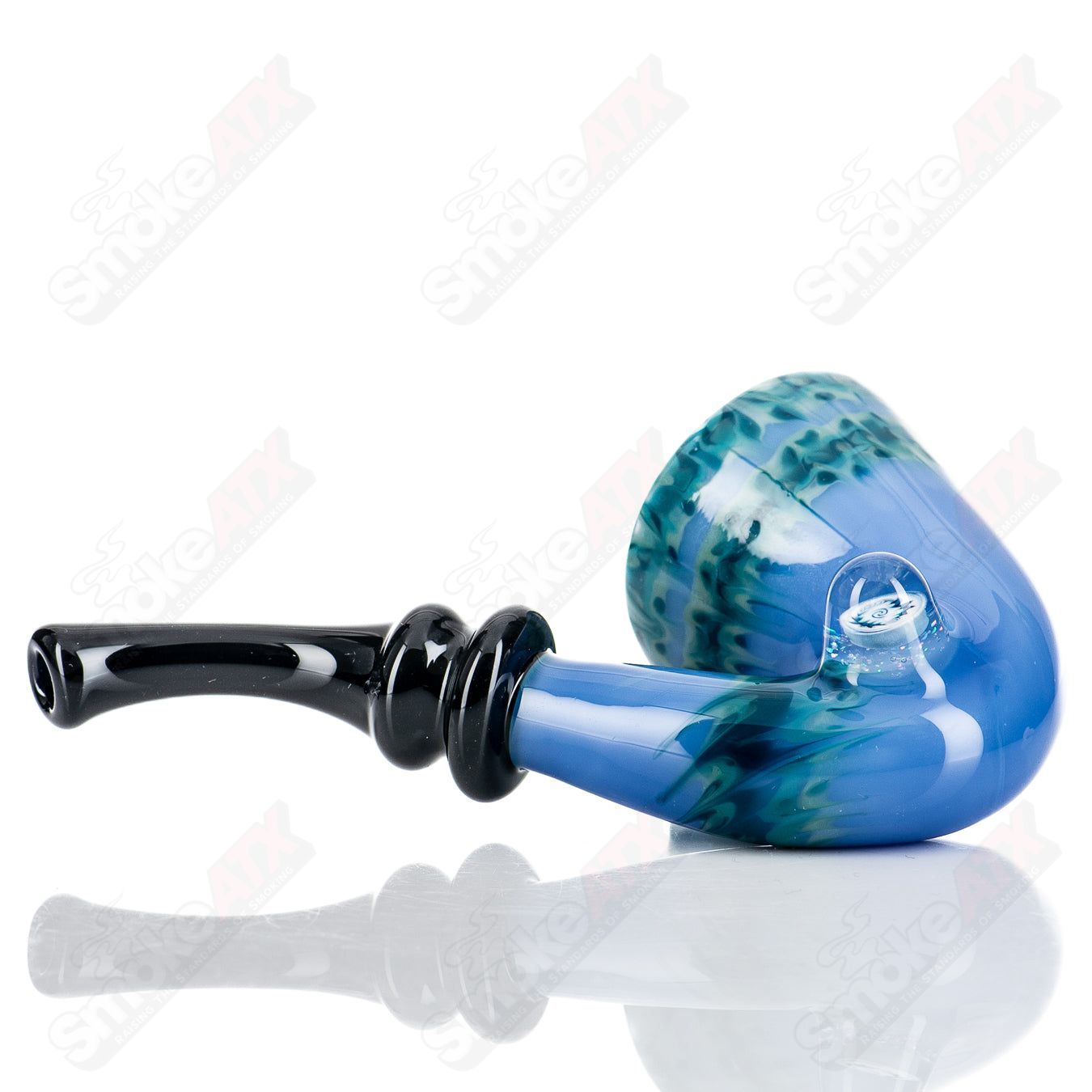 Sherlock-style heady glass pipe with Milli accent by JMass, featuring intricate design and clear glass construction.