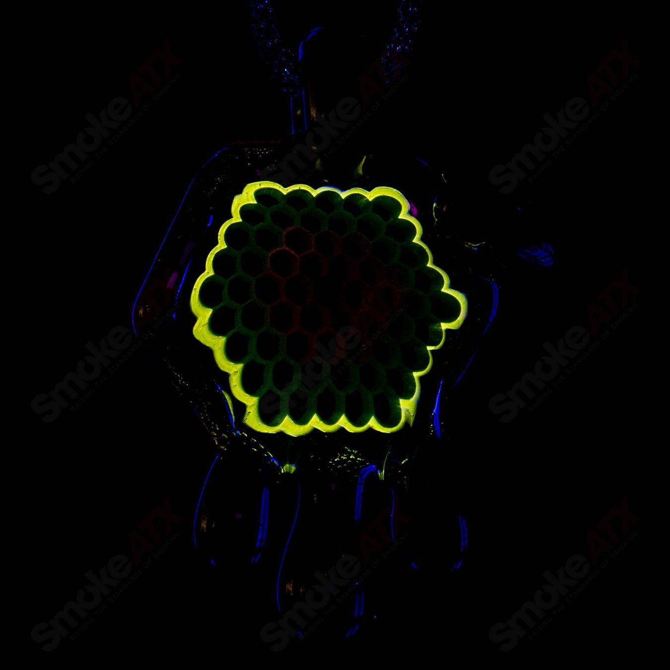 Small Joe P Glass color honeycomb drip pendant, handcrafted heady glass jewelry with vibrant patterns and intricate design.