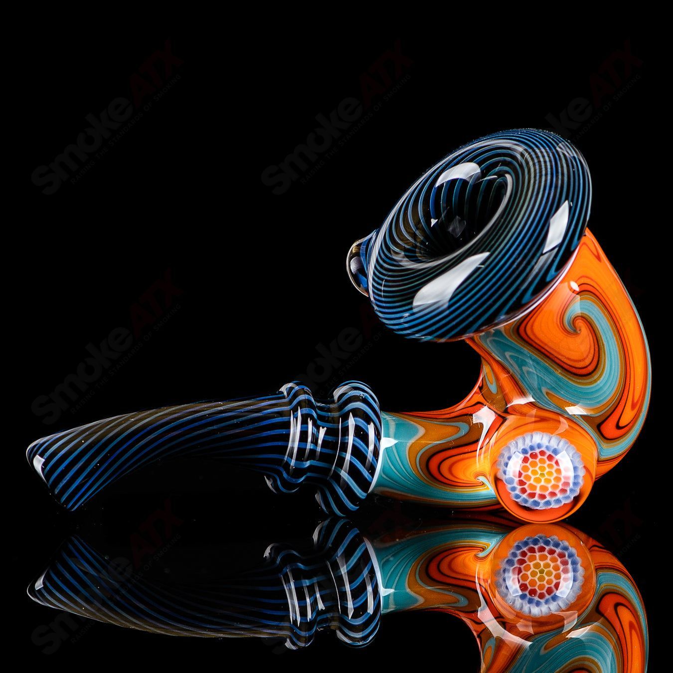 Small Wig Wag Sherlock heady glass pipe with Milli accent by JMass, featuring colorful swirls and intricate design details.