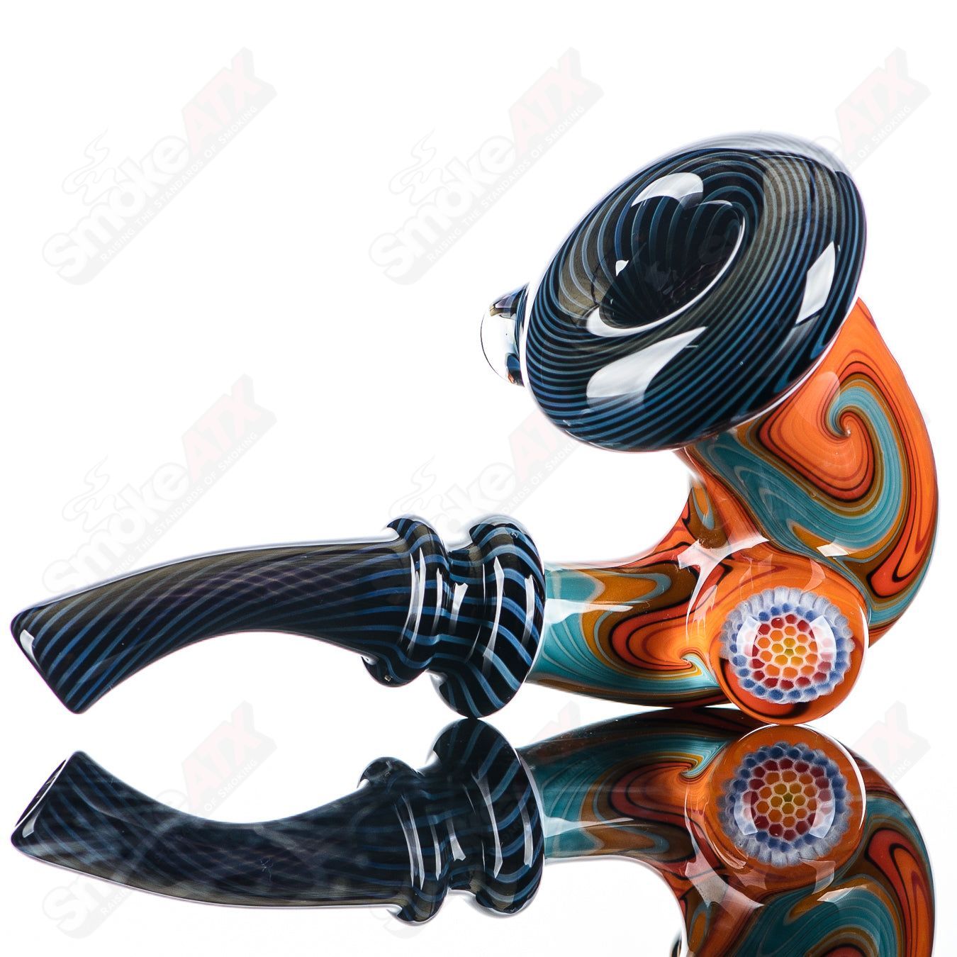 Small Wig Wag Sherlock heady glass pipe with Milli accent by JMass, featuring colorful swirls and intricate glasswork.