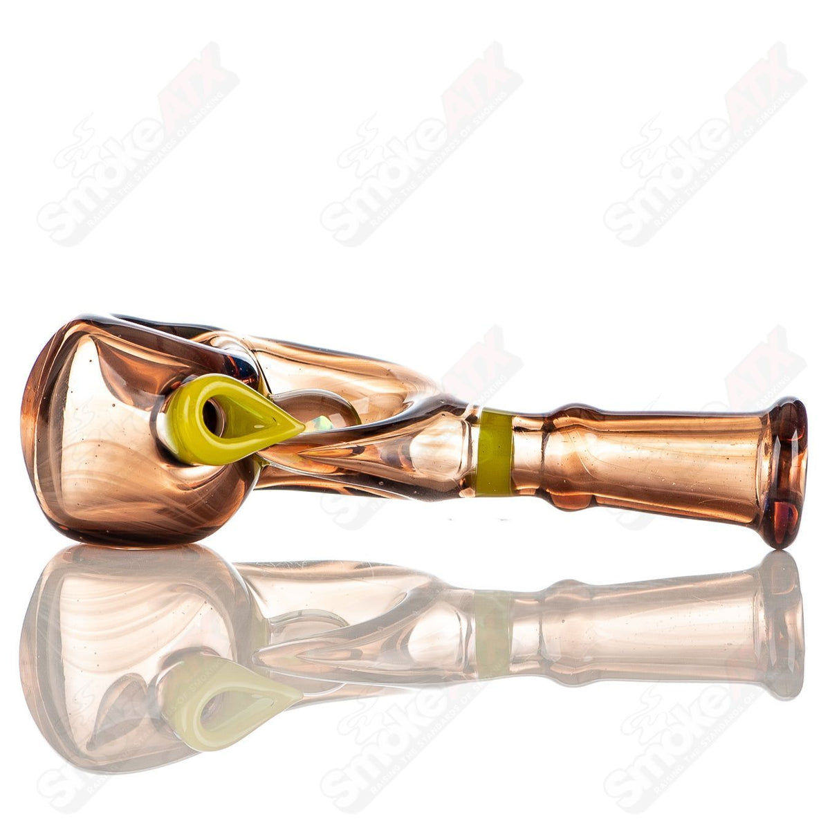 Handheld Swooplock Pipe by GK Melts, clear heady glass pipe with a curved design and intricate glasswork.