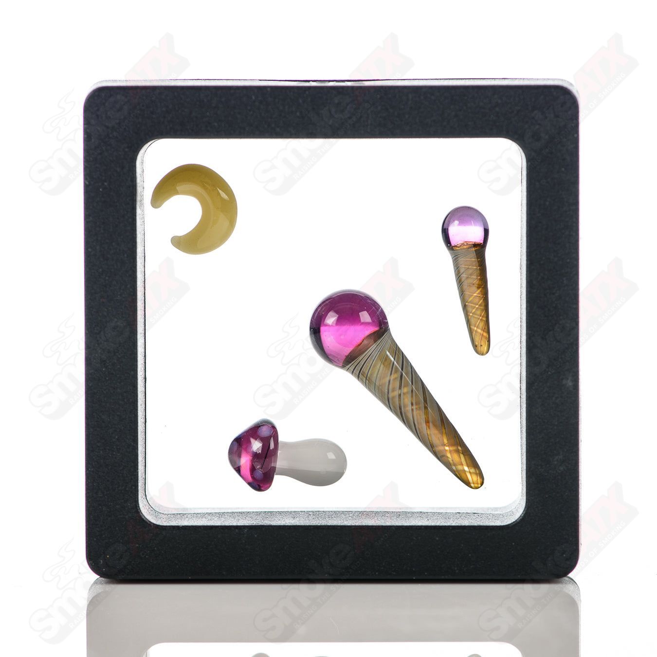 Phil Siegel Glass Heady Glass Terp Caster Set with pearls and inserts, featuring intricate glasswork and vibrant colors.