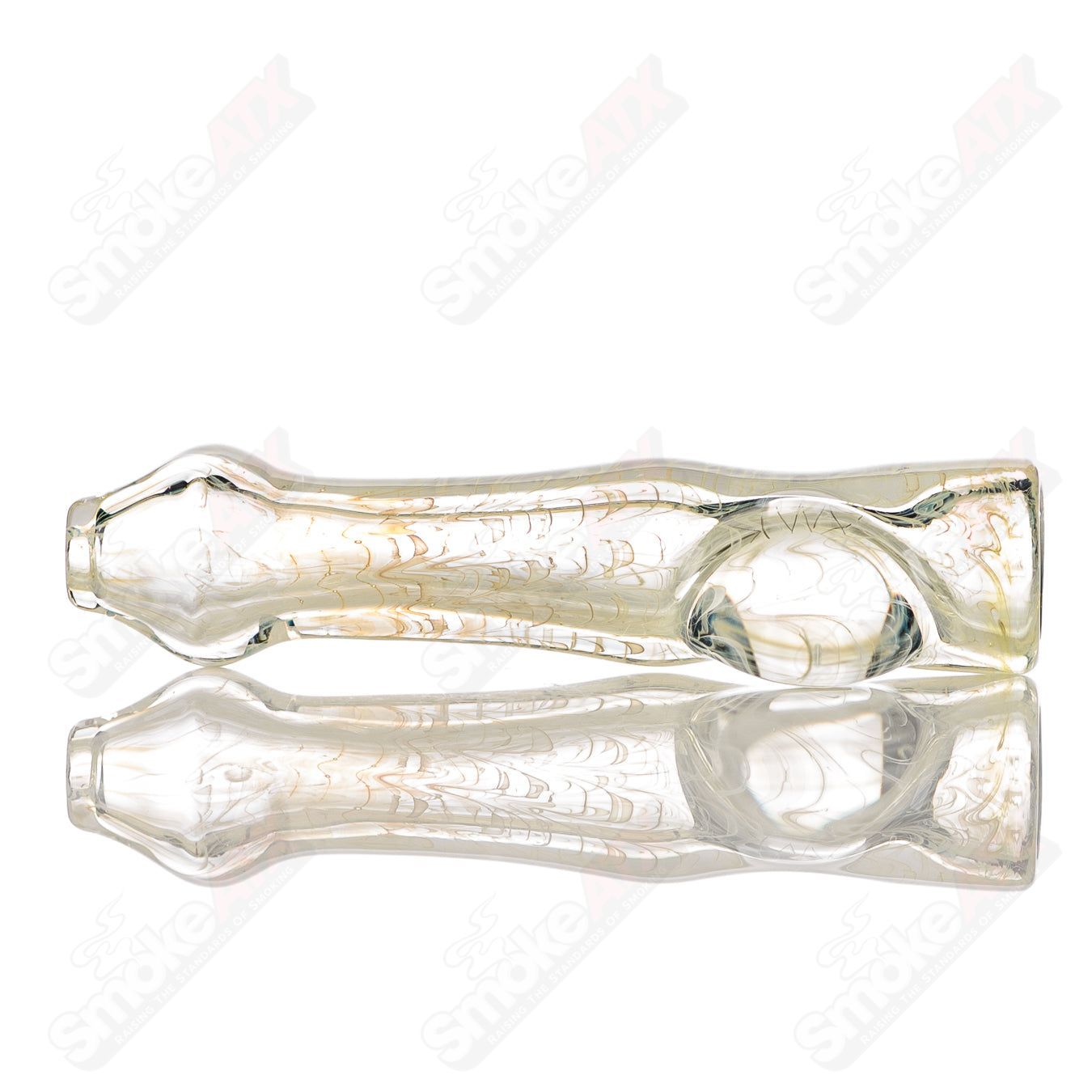 Clear glass chillum with worked design and signature JMK Glass logo, featuring a transparent finish and a prominent clear dot.
