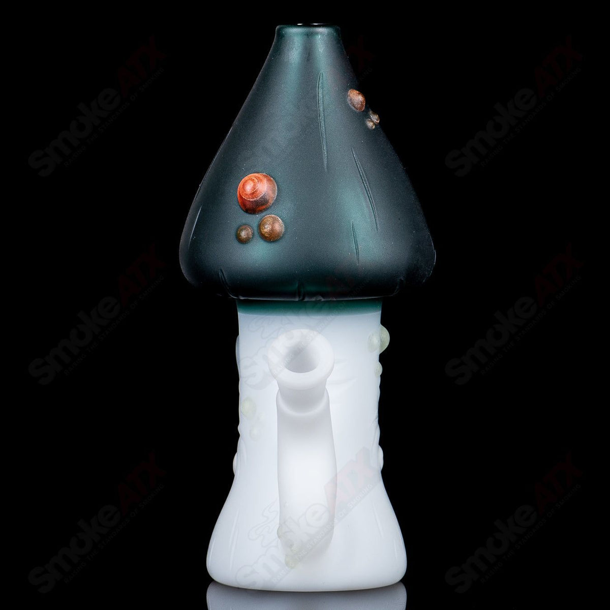 UV-reactive Grumpy Mushroom concentrate rig by Space Glass, clear glass with colorful mushroom and UV glow details