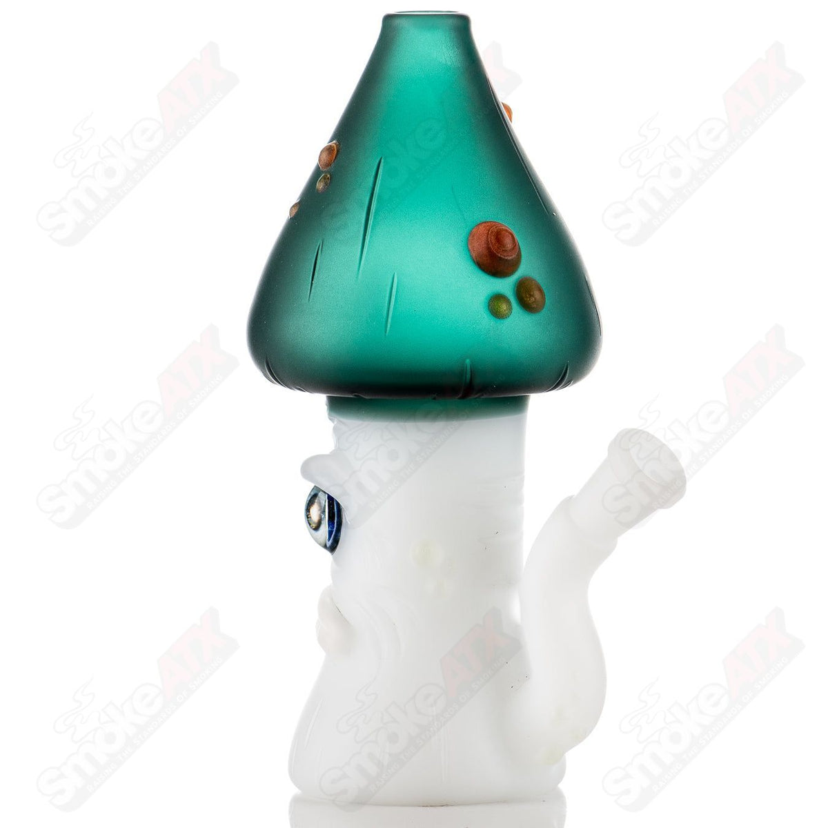 Colorful UV-illuminated Grumpy Mushroom concentrate rig by Space Glass, featuring a playful mushroom design in glass.