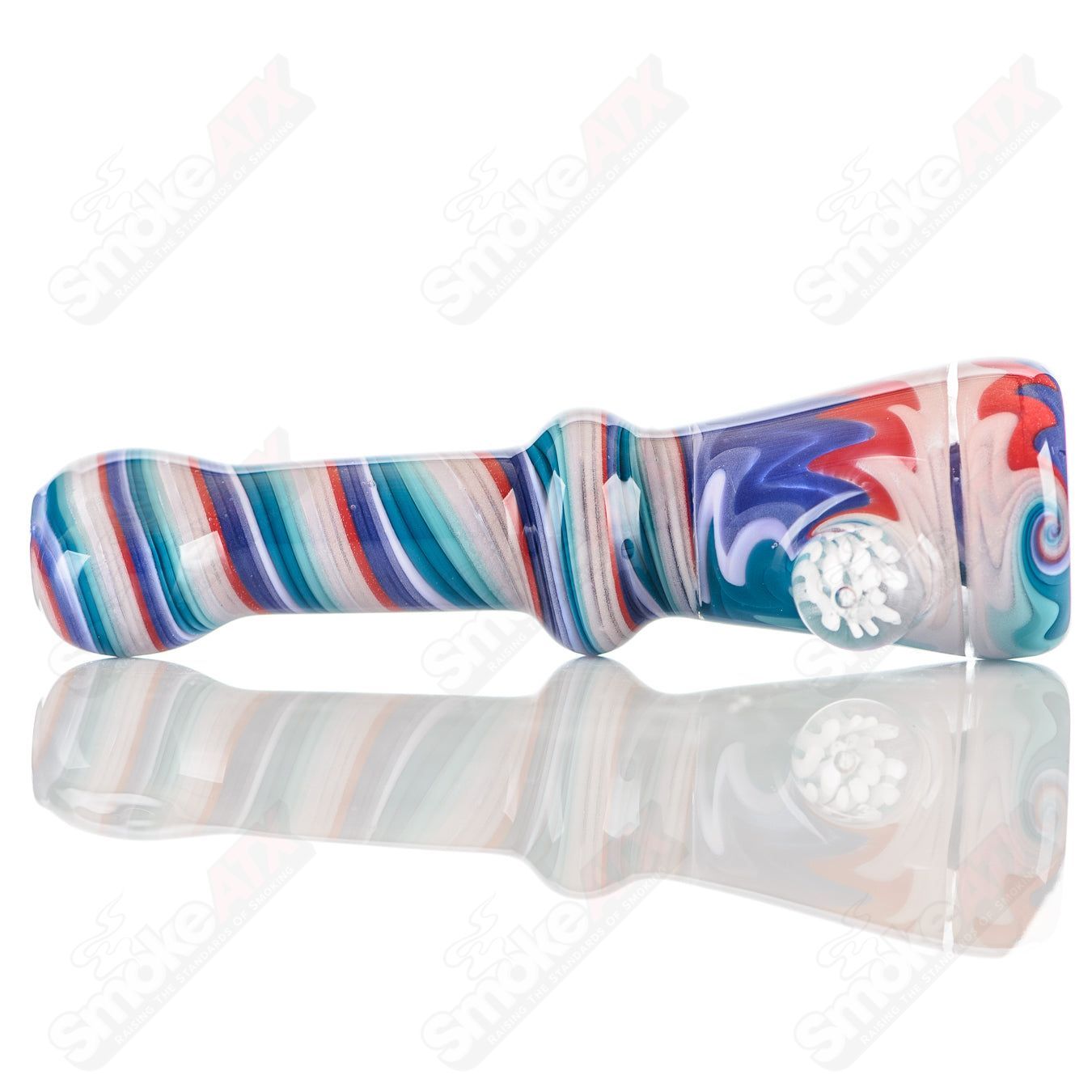 Katy Wright Glass Wig Wag Chillum, colorful heady glass pipe with wig wag design, used for smoking.
