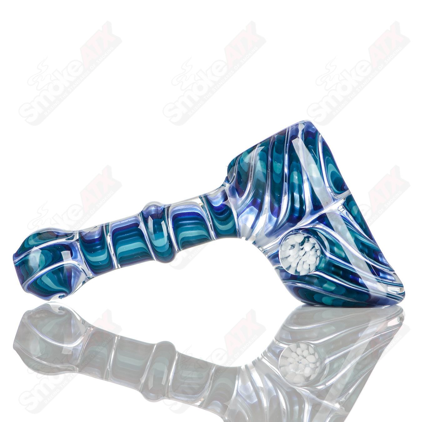 Katy Wright Glass Wig Wag Hammer Dry Pipe, hand pipe with colorful wig wag and hammer design, clear glass body and intricate details