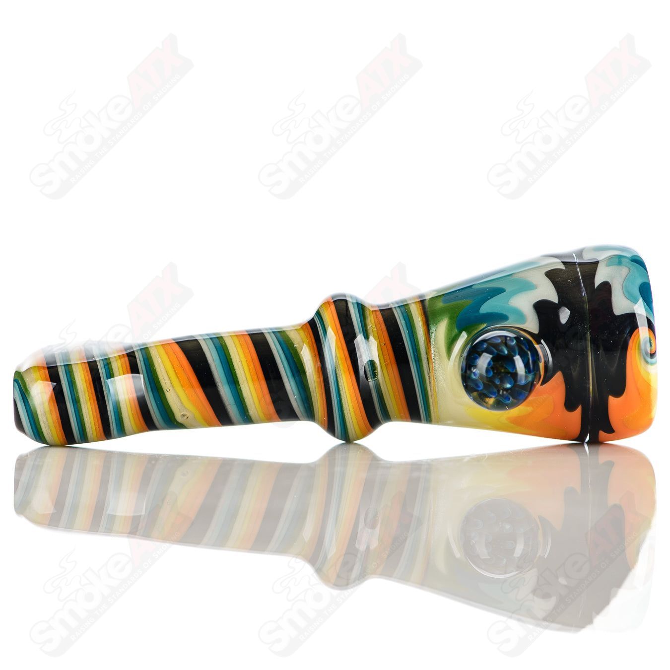 Katy Wright Glass Wig Wag Chillum, handcrafted heady glass pipe with colorful wig wag design, used for smoking.