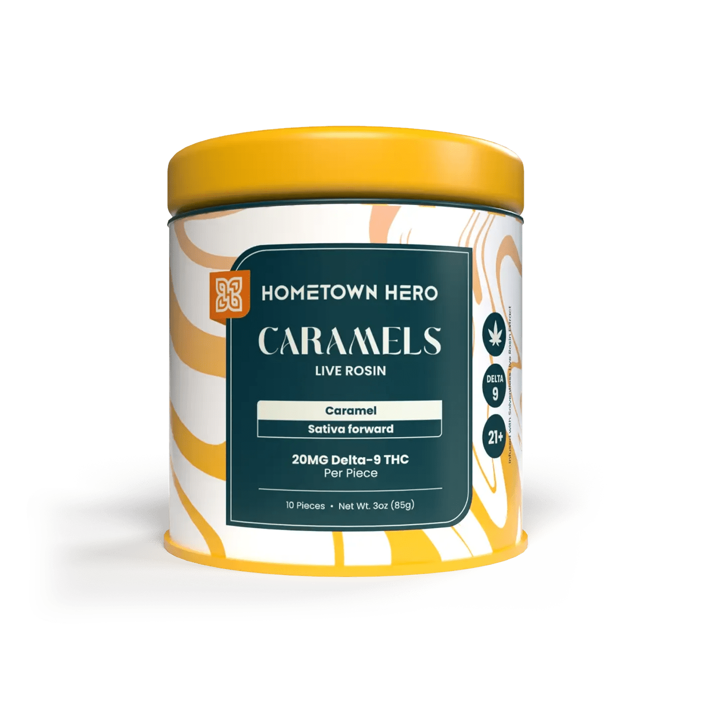 Hometown Hero 200mg Delta-9 live rosin caramel edible, THC hemp-infused treat with rich caramel texture.