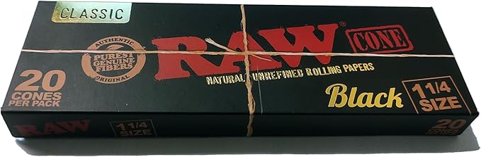 Pack of 20 RAW Black Cones 1 1/4 size, 420 products, featuring natural paper and black filter tips for rolling.