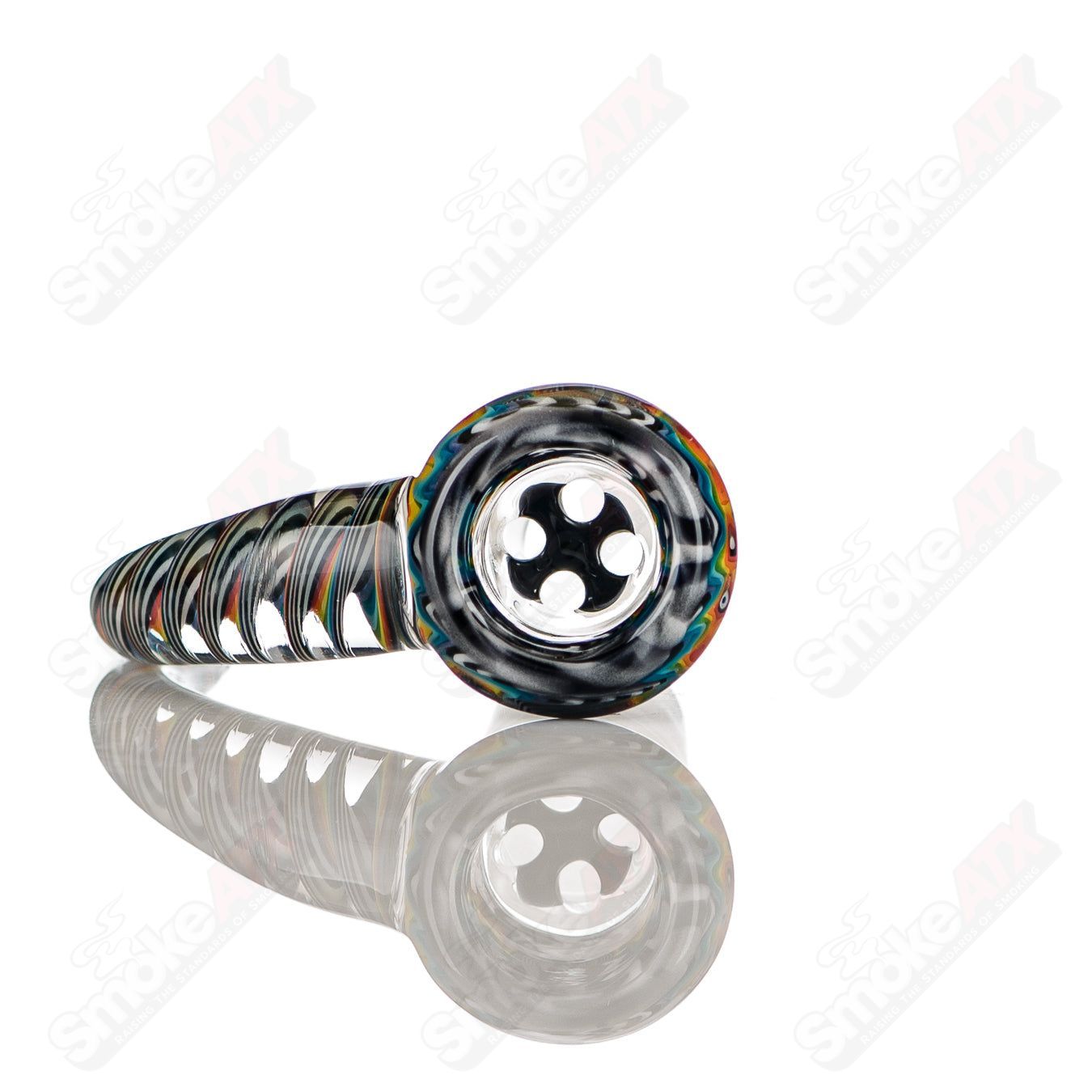 Colorful 18mm Worked 4-Hole Slide for Texas Tubes glass bowls, showcasing vibrant design and intricate craftsmanship.