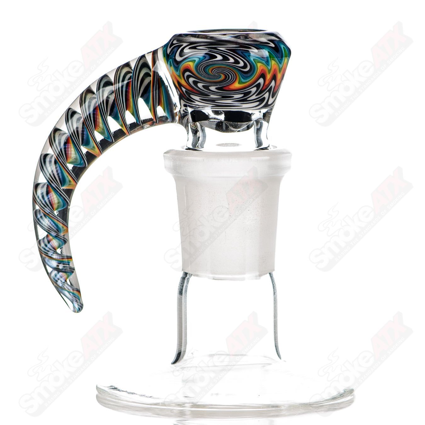 Colorful 18mm worked glass 4-hole slide bowl by Texas Tubes, featuring vibrant design and sturdy construction.