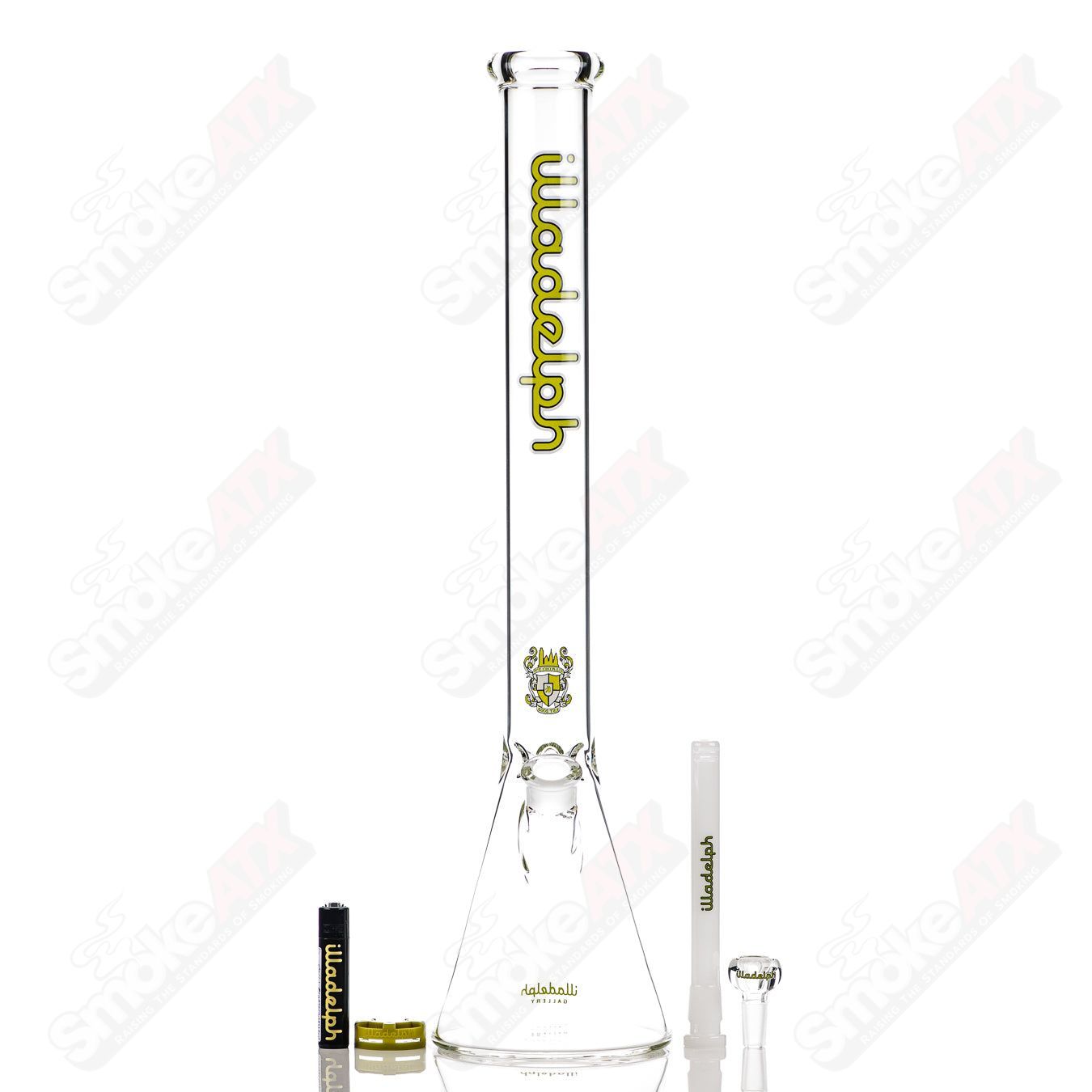 Illadelph 21-inch tall lime green 5mm glass beaker with a wide mouth and sturdy base, designed for laboratory or glass art use.