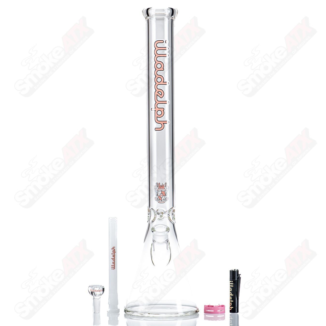 Pink 21-inch tall Illadelph glass beaker with a clear base and wide mouth, designed for smooth, high-quality smoking experiences.