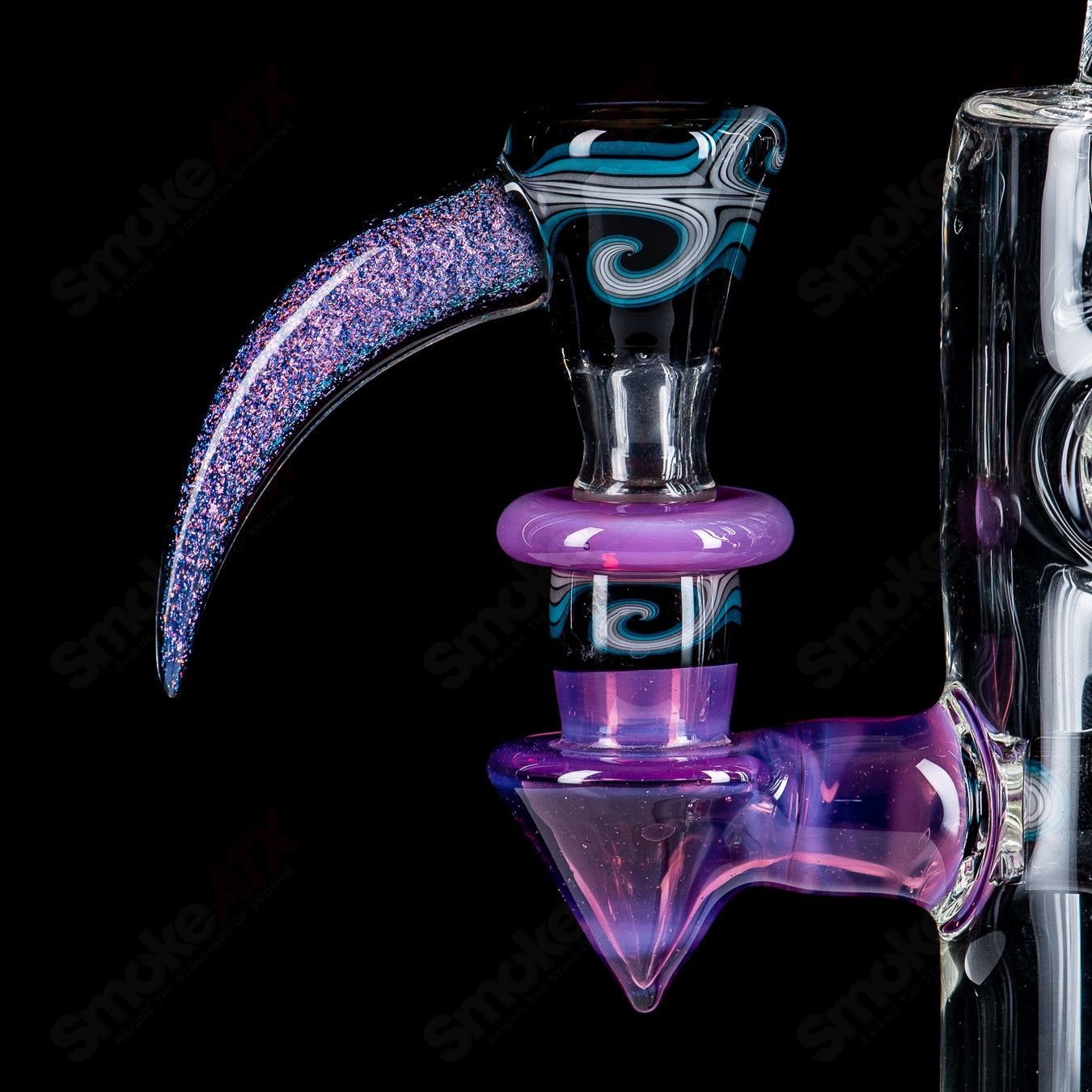 21-inch Zyklon Recycler by Mad Rob Glass, colorful heady glass piece with intricate recycler design for smooth water filtration.