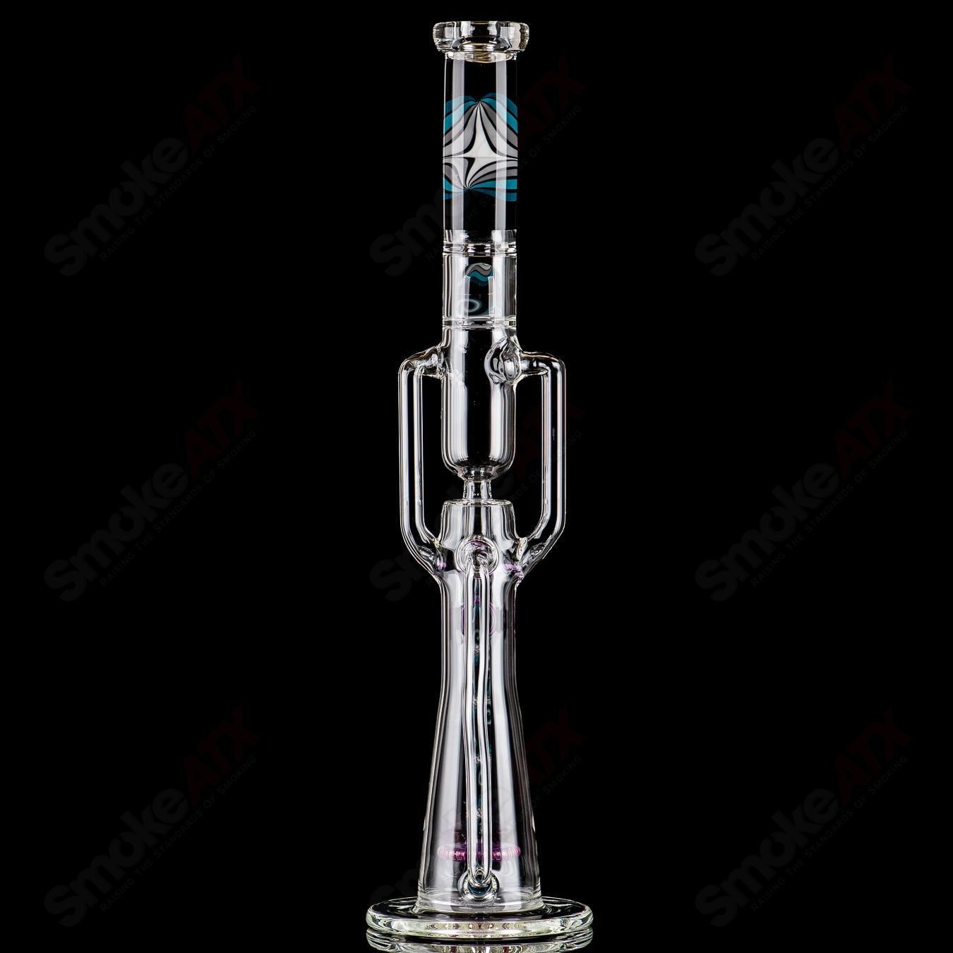 21-inch Zyklon Recycler by Mad Rob Glass, colorful heady glass piece with intricate recycler design and vibrant glasswork.