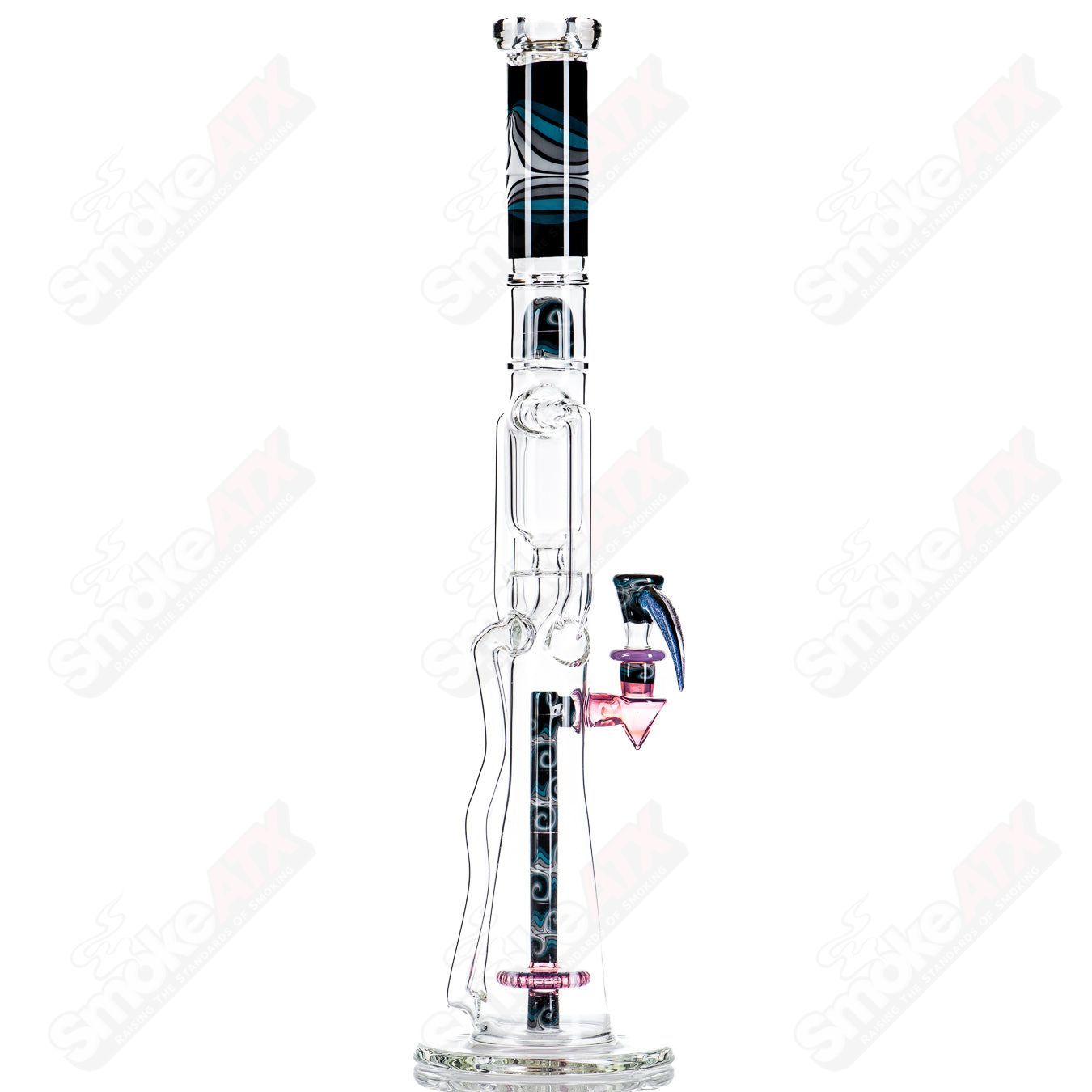 21-inch Zyklon Recycler by Mad Rob Glass, colorful heady glass recycler with intricate design and clear glass accents.