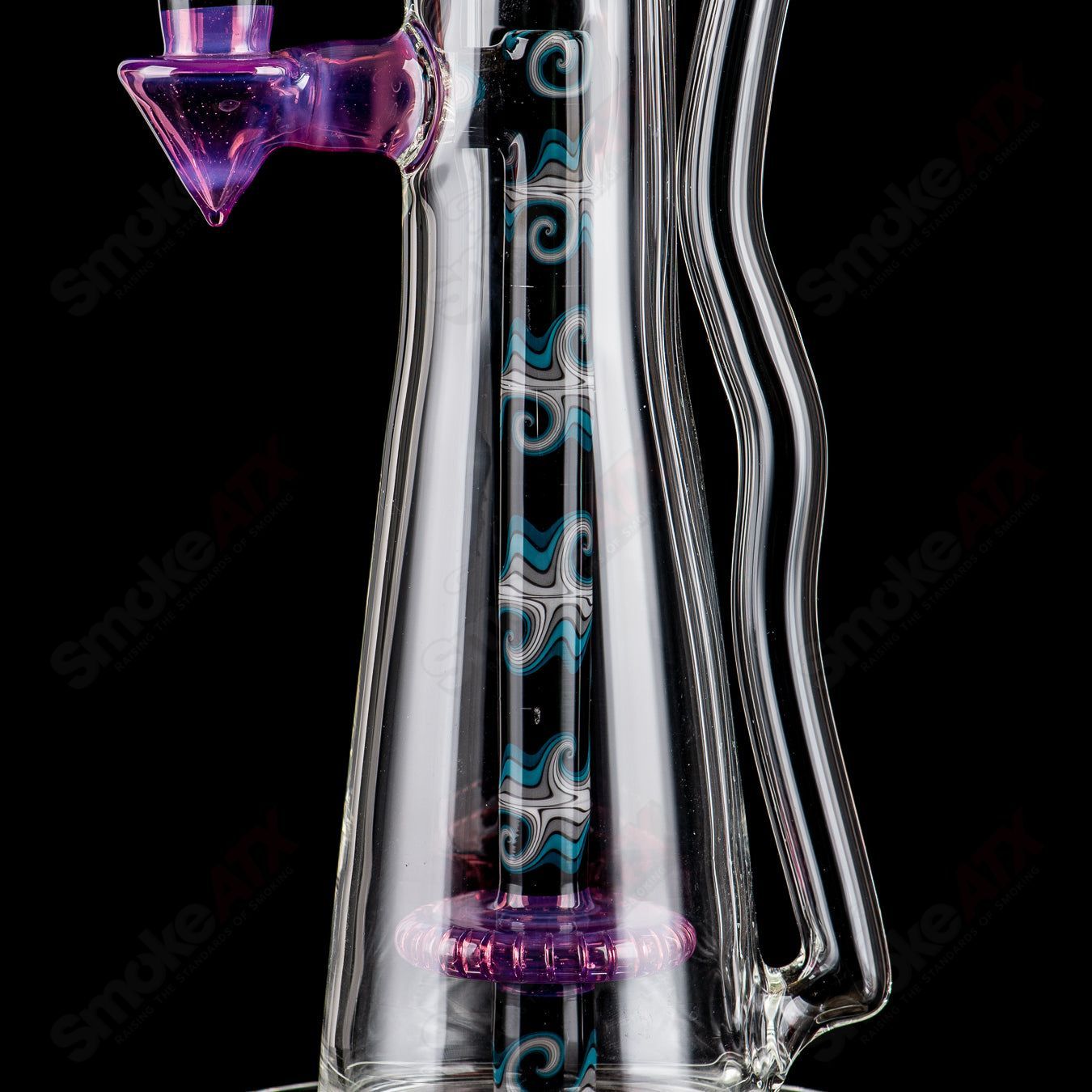 21-inch Zyklon Recycler by Mad Rob Glass, colorful heady glass recycler with intricate designs and clear glass accents.