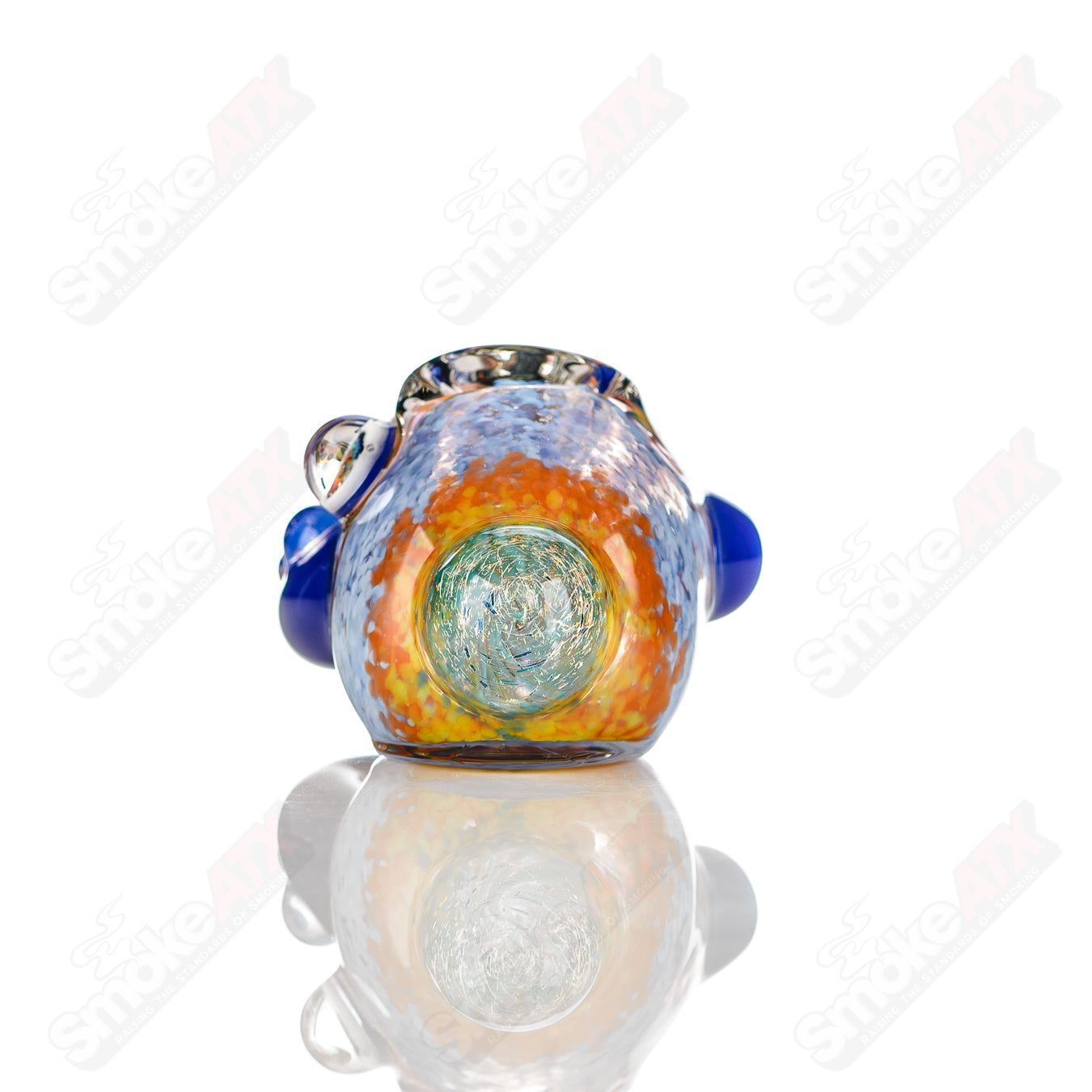 Colorfully worked IO hammer hand pipe by Jeremy from Oregon featuring intricate 22-color design and clear glass accents.