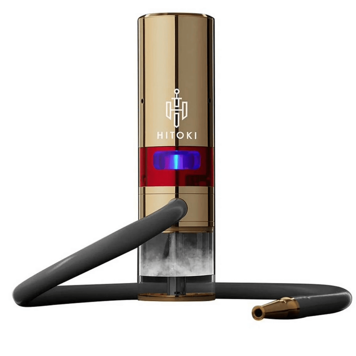 Gold-trimmed Hitoki Trident laser water pipe made of glass, featuring a sleek design and intricate waterpipe details.
