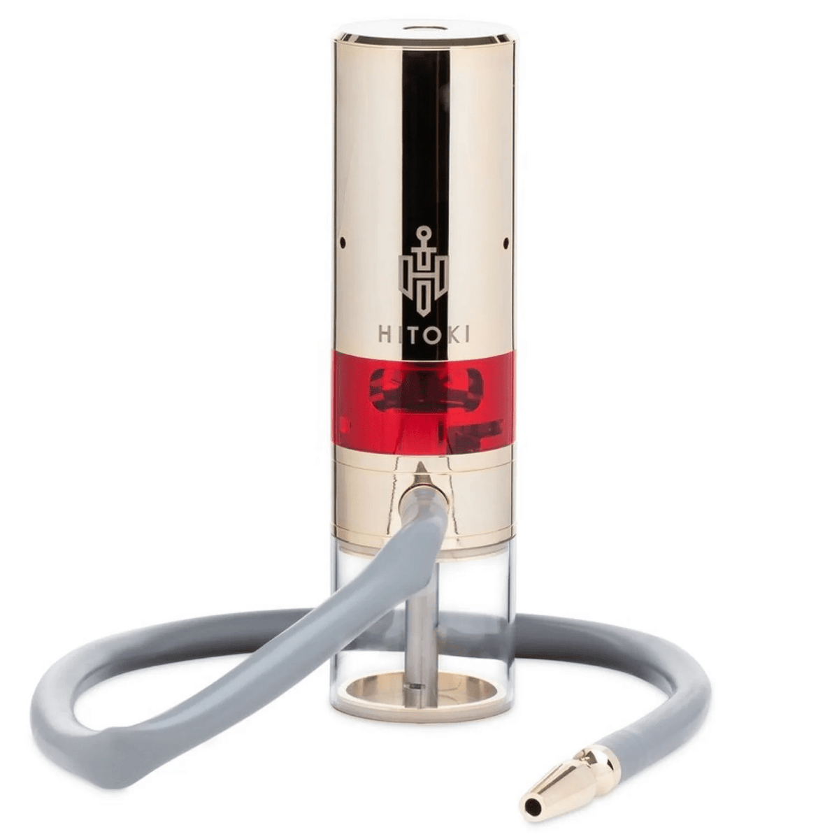 Glass water pipe by Hitoki featuring a 24k gold trident design and laser-etched details, ideal for dry herb or concentrate use.