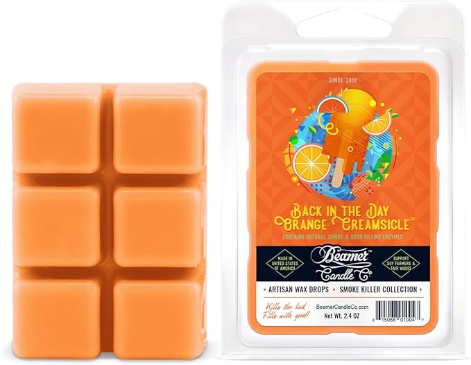 Two 2.4oz Back In The Day Orange Creamsicle wax melts by Beamer Candle Co, featuring bright orange and creamy design.