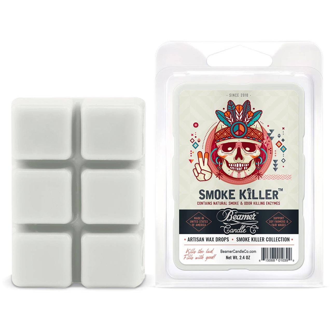 Beamer Candle Co 2.4oz Smoke Killer Wax Melts in a clear container, designed to eliminate smoke odors effectively.