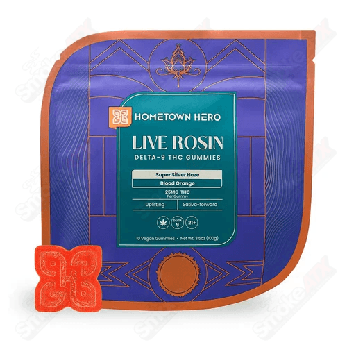 Hometown Hero Blood Orange Delta-9 Live Rosin Gummies, THC hemp edibles, featuring bright orange gummies with blood orange flavor.
