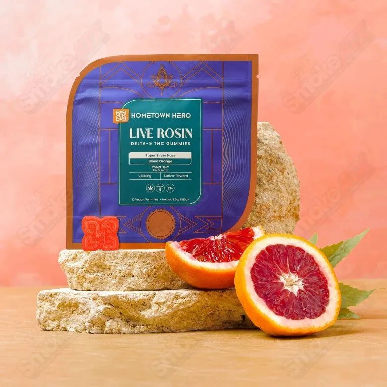 Hometown Hero Blood Orange Delta-9 THC live rosin gummies, hemp edibles with 250mg THC in orange flavor, close-up view.