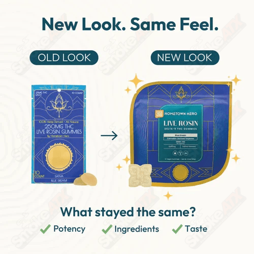 Blue Dream Live Rosin D9 Gummies by Hometown Hero, hemp THC edibles in blue packaging, 250mg THC gummies for relaxation.
