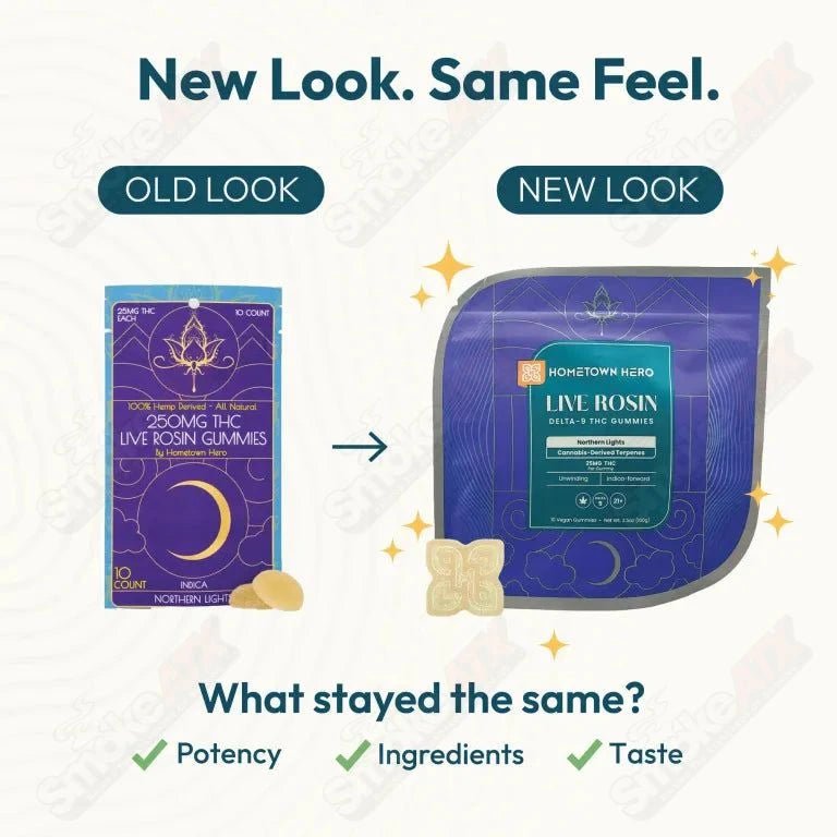 Hometown Hero Northern Lights Delta-9 live rosin gummies, hemp edibles, 250mg package with colorful gummy candies.