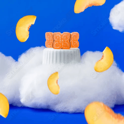 Hometown Hero Peach Delta 8 Gummies, hemp edibles with 250mg Delta 8 THC, showing peach-flavored gummy candies in the image.