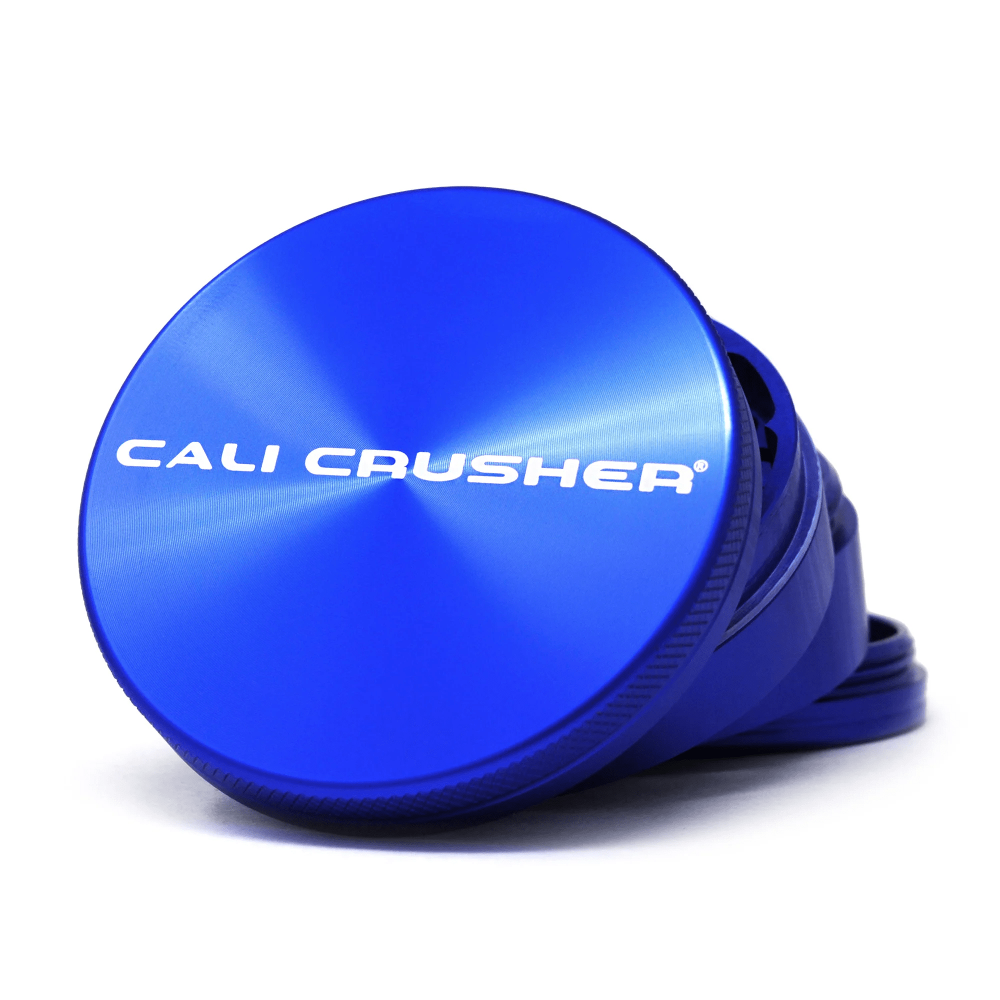 Blue 2.5-inch Cali Crusher 4-piece hardtop metal grinder with sharp teeth and textured grip for efficient grinding.