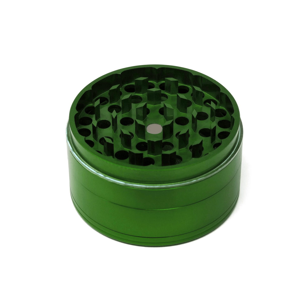Green 2.5-inch Cali Crusher 4-piece metal grinder with hardtop for 420 products, featuring durable construction and multiple grinding chambers.
