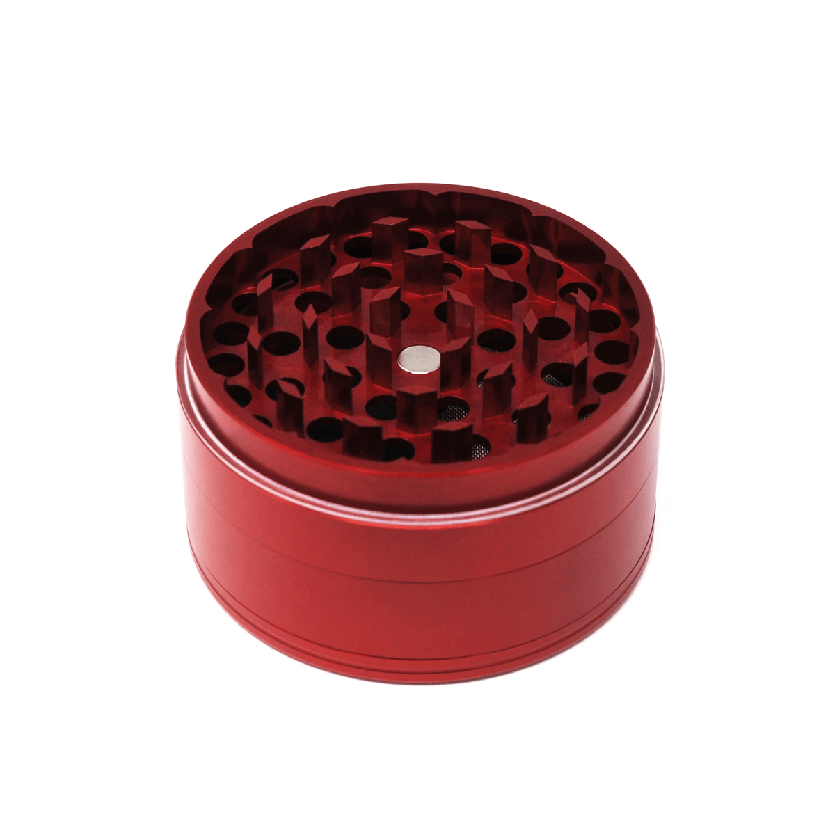 Red 2.5-inch Cali Crusher 4-piece hardtop metal grinder for herb with multiple compartments and sharp teeth design.