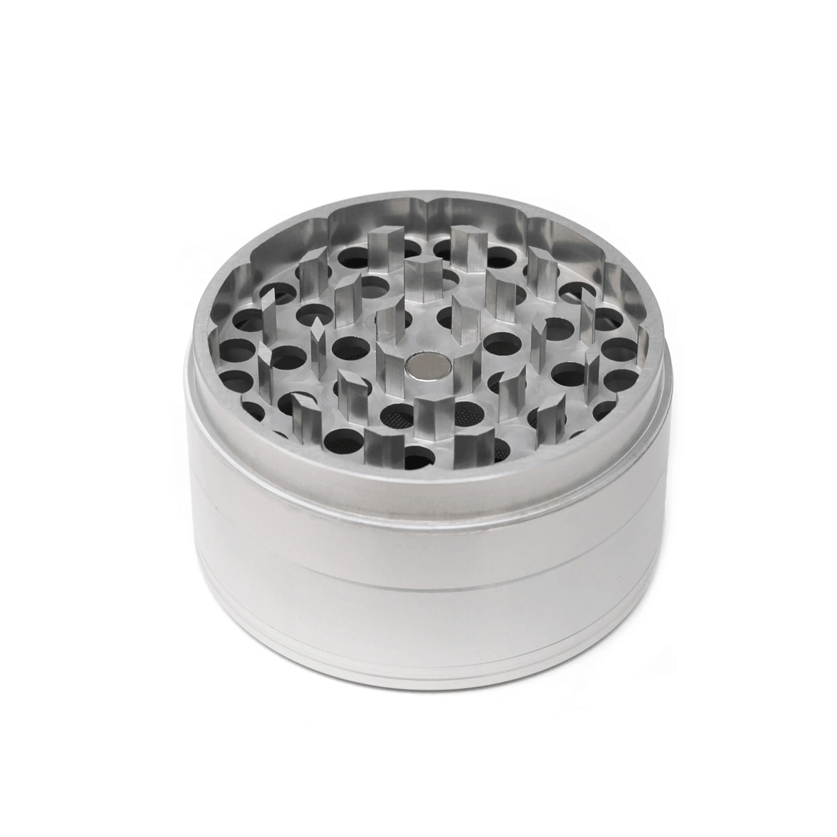 Silver 2.5-inch Cali Crusher 4-piece metal grinder with hardtop for herbs and spices, featuring sharp teeth and pollen catcher.