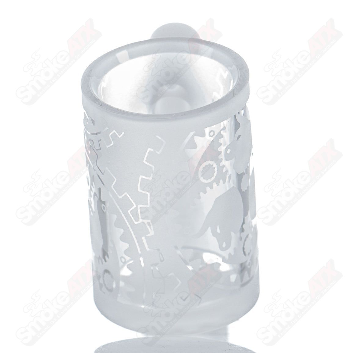 25mm fully blasted 14/90 quartz Grail by Toro Glass, clear glass water pipe with detailed blasted design and 14/90 joint.