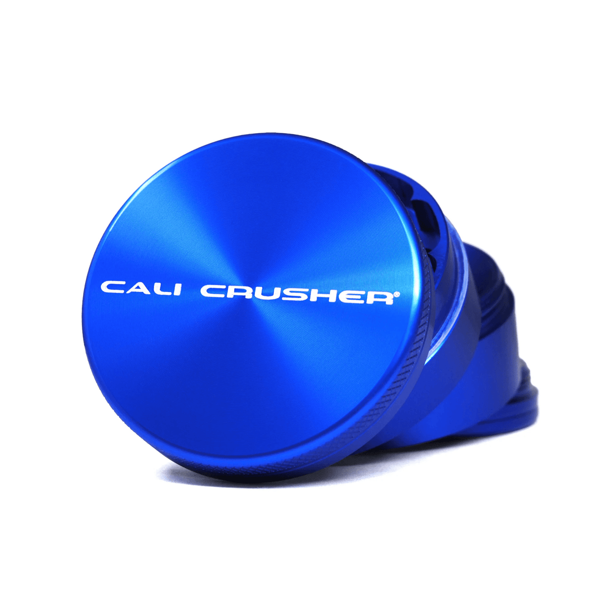 Blue 2-inch Cali Crusher 4-piece metal grinder with hardtop, designed for efficient grinding and storage.