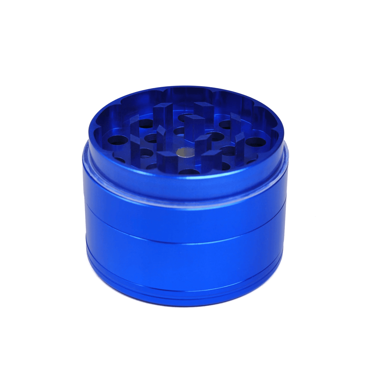 Blue 2-inch Cali Crusher 4-piece metal grinder with hardtop lid, designed for efficient grinding of herbs and spices.