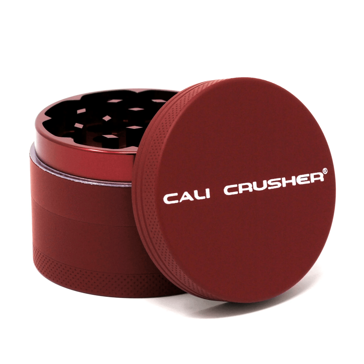 Red 2-inch Cali Crusher 4-piece metal grinder with hardtop, matte finish, designed for herbal grinding and storage.
