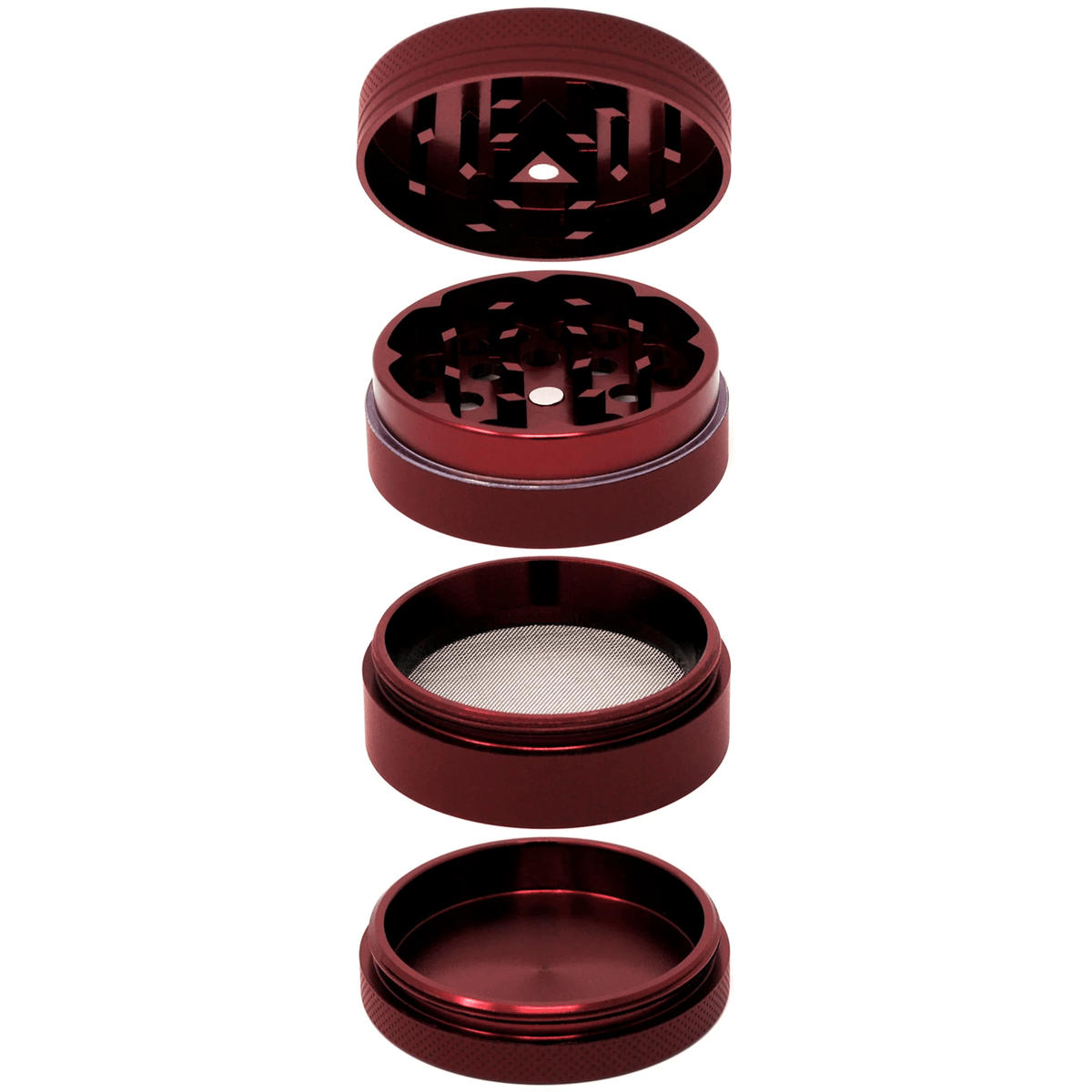 Red 2-inch Cali Crusher 4-piece metal grinder with hardtop, matte finish, designed for efficient grinding of herbs and spices.