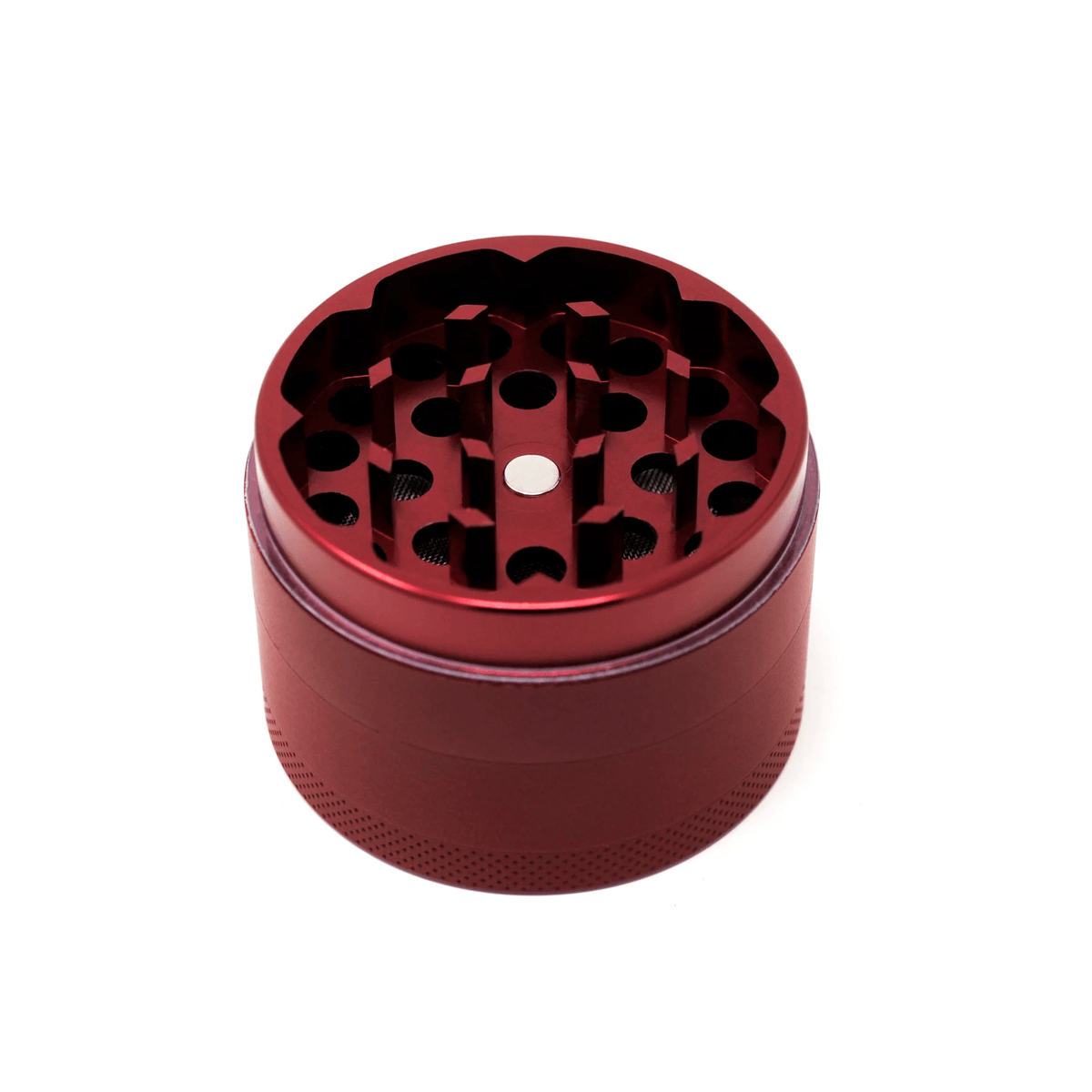 Red 2-inch Cali Crusher 4-piece metal grinder with hardtop, matte finish for efficient grinding of herbs and spices.